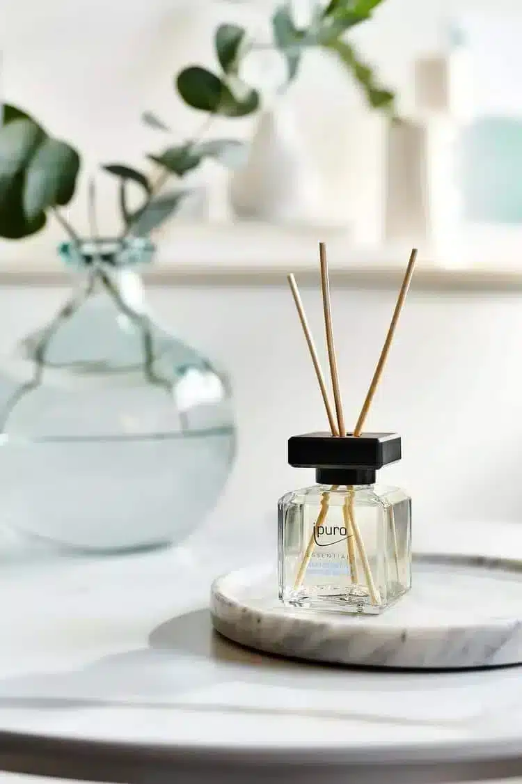 ipuro Essentials Cotton Fields 50ml Duftstäbchen auf Marmorschale mit Eukalyptus im Wohnzimmer