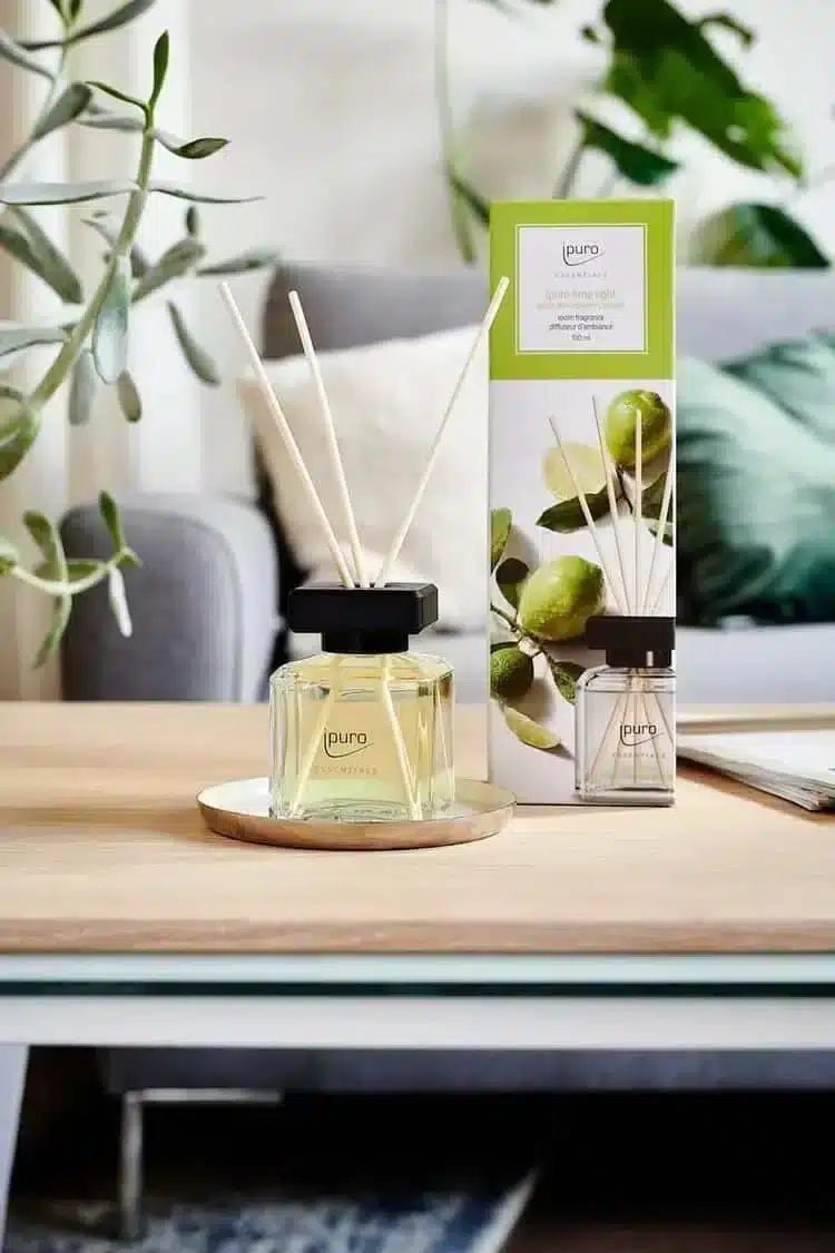 ipuro Essentials Lime Light Duftstäbchen auf einem Tablett mit grünen Pflanzen in hellem Wohnzimmer