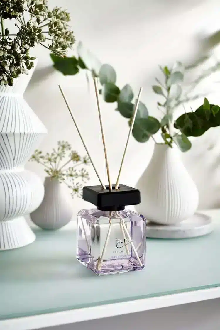 Ipuro Essentials Lavender Touch Duftstäbchen in lila Flasche mit Eukalyptus und weißen Vasen