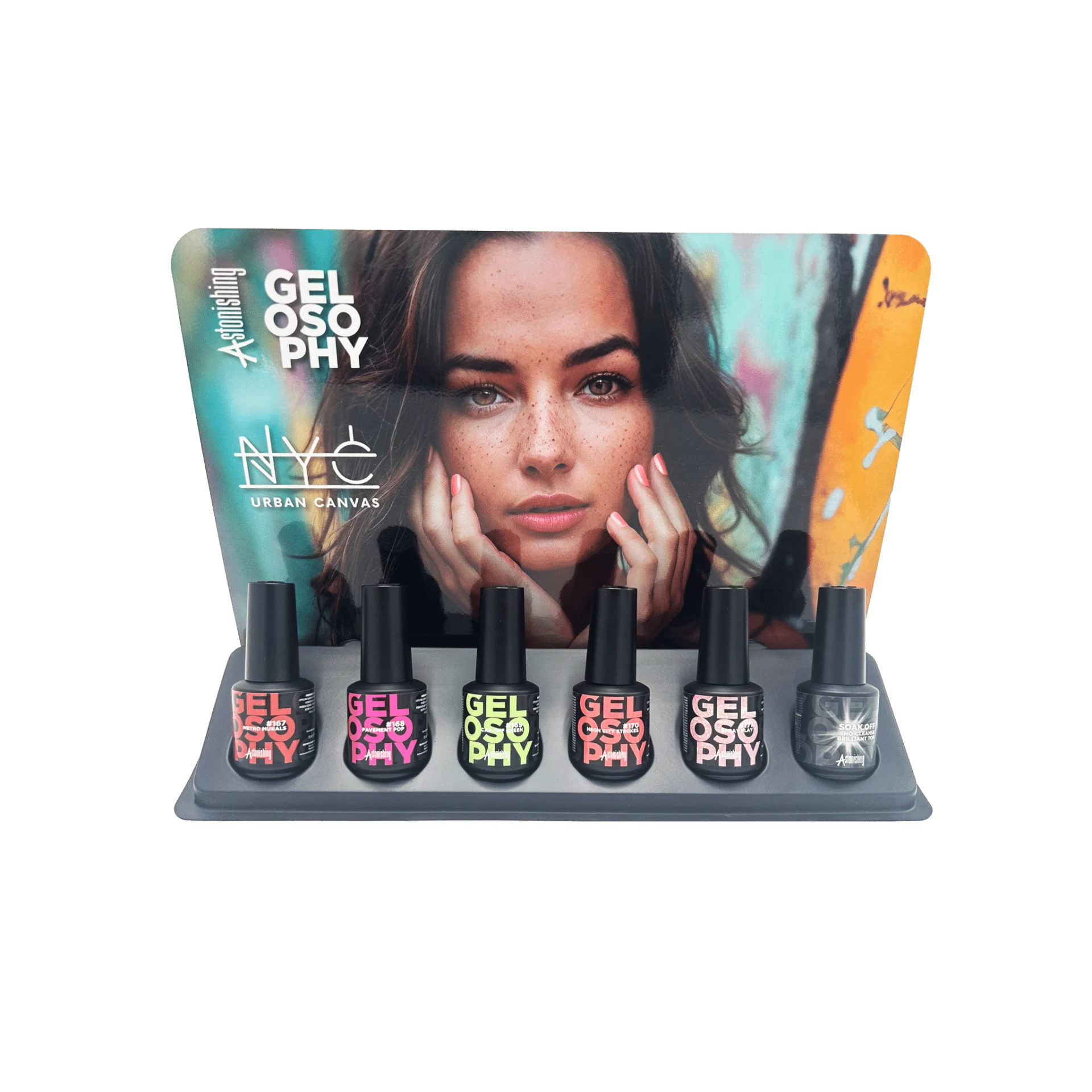 NYC Urban Canvas Collection Display mit 6 Astonishing Gelosophy Gellacken à 15 ml in urbanen Farben