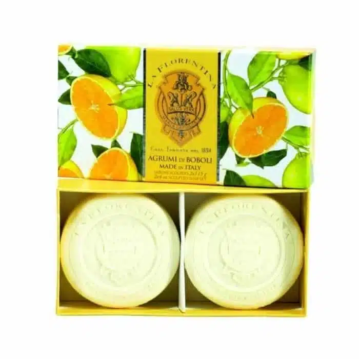Set runder Seifen mit 2 x 115 gr Citrus Boboli Seife in einer Geschenkbox mit frischem Zitrusduft