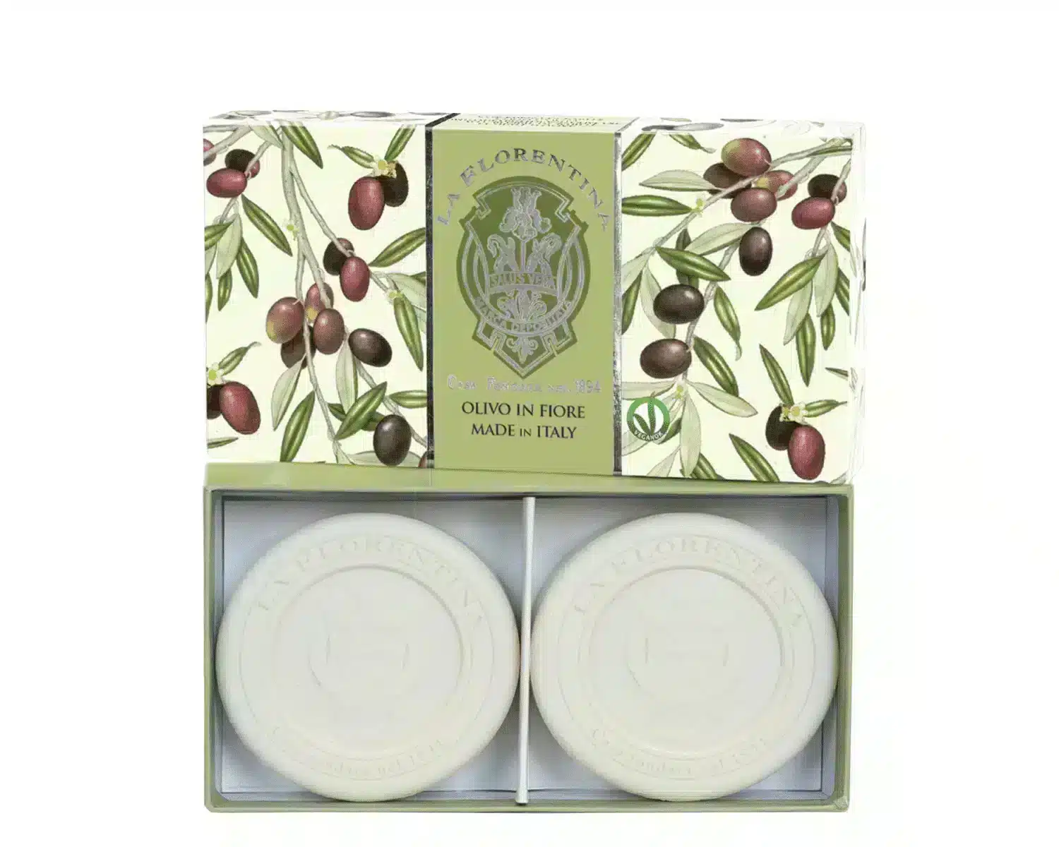 Set runder Seifen mit 2 x 115 gr Olive Flowers Seife in einer Geschenkbox mit sanftem Blumenduft