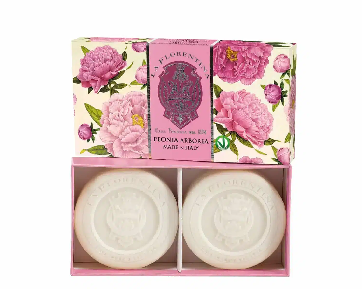 Set runder Seifen mit 2 x 115 gr Peony Arboreal Seife in einer Geschenkbox mit zartem Pfingstrosenduft