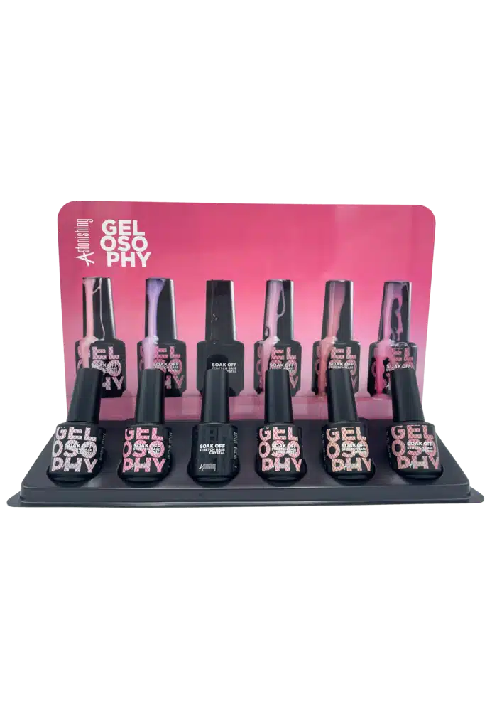 Astonishing Gelosophy Soak Off Stretch Base Display mit 6 Fläschchen Rubber Base für das Nagelstudio