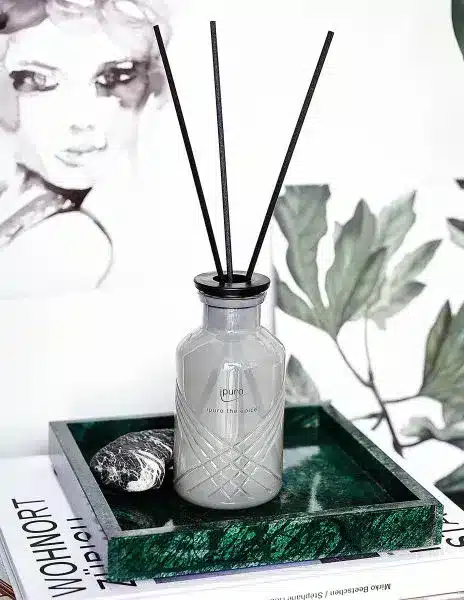 ipuro Exclusive thé épicé Duftstäbchen 240ml in grauer Flasche auf Tablett mit grünen Zweigen