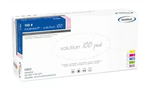 Solution Nitrilhandschuhe PF/NS in Rosa, puderfrei, Größe Medium, 100 Stück pro Box