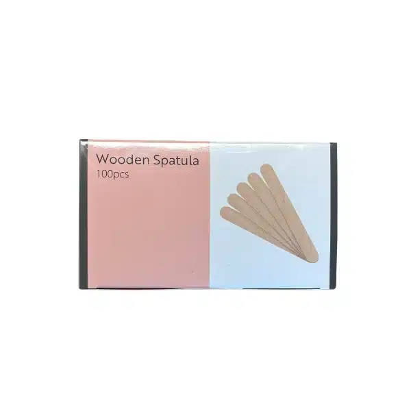 Packung mit 100 Holzspateln zum hygienischen Auftragen von Wachs, Gel oder anderen Kosmetikprodukten.