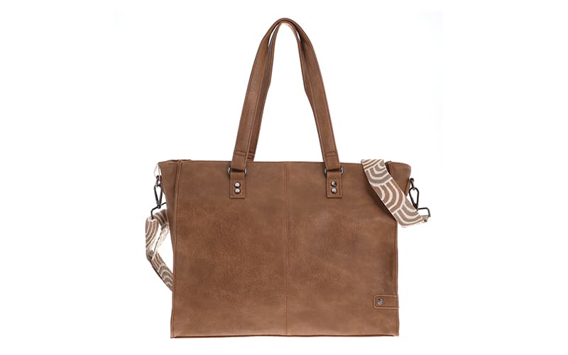 Camel Shopper/Schultasche Veghel in Cognacbraun mit gemustertem Schulterriemen, Vorderansicht
