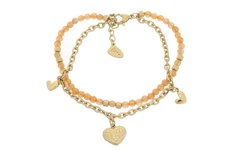 Damenarmband Bernice: doppeltes goldfarbenes Armband mit Perlen und Herzen